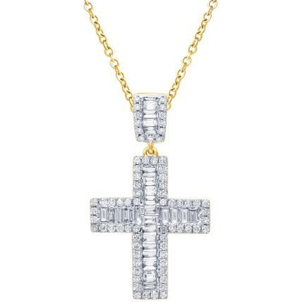 14K Yellow Gold Cross Pendant with Round and Baguette Diamonds - 0.87 Carat Total Diamond Weight by Auriventus