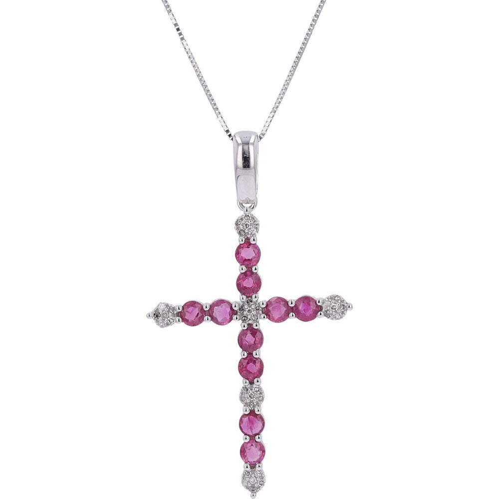 14K Yellow Gold Cross Pendant with Round-Cut Ruby Gemstones and Diamond Accents - 1.10 Carat Total Ruby Weight and 0.10 Carat Total Diamond Weight
