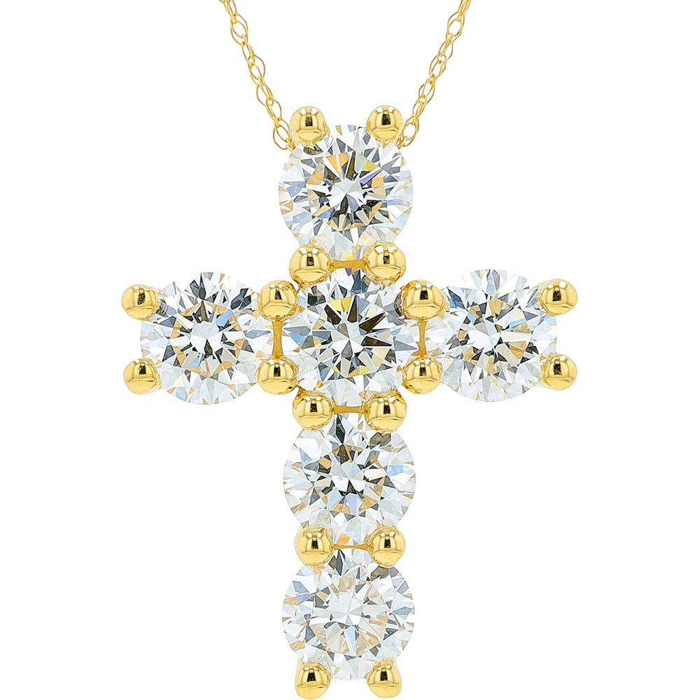 14K Yellow Gold Cross Pendant with Six Round Brilliant Lab-Grown Diamonds - 5.00 Carat Total Diamond Weight