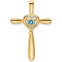 14K Yellow Gold Cross Pendant with Sky Blue Topaz Heart - 2.3mm Round Birthstone by Oro Pregiato