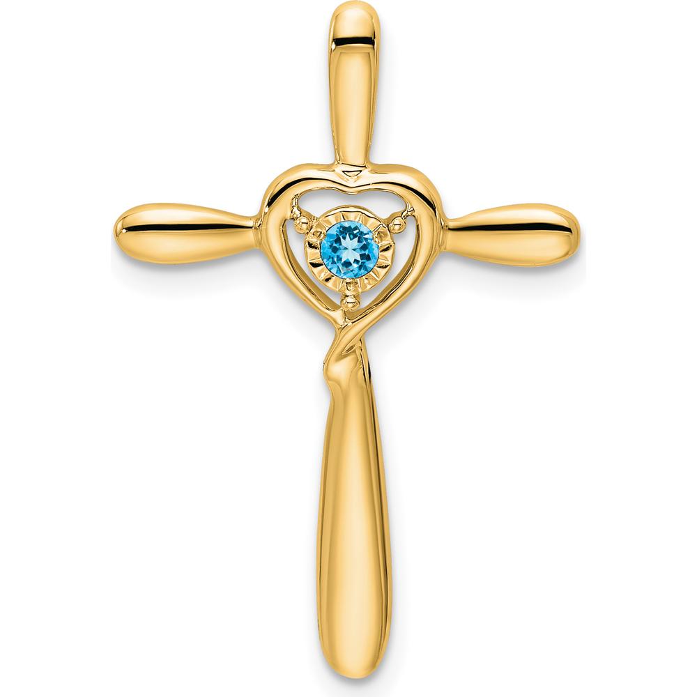 14K Yellow Gold Cross Pendant with Sky Blue Topaz Heart - 2.3mm Round Birthstone by Oro Pregiato