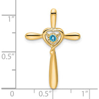 14K Yellow Gold Cross Pendant with Sky Blue Topaz Heart - 2.3mm Round Birthstone by Oro Pregiato