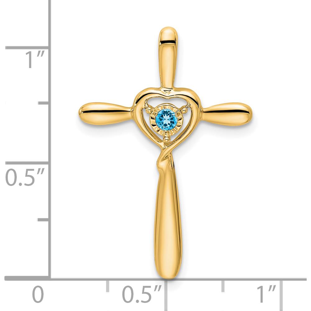 14K Yellow Gold Cross Pendant with Sky Blue Topaz Heart - 2.3mm Round Birthstone by Oro Pregiato