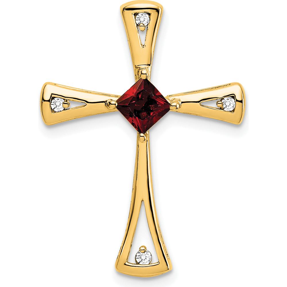 14K Yellow Gold Cross Pendant with Square Garnet and Round Diamonds - 0.32 Carat Total Gem Weight by Lumare Gioia