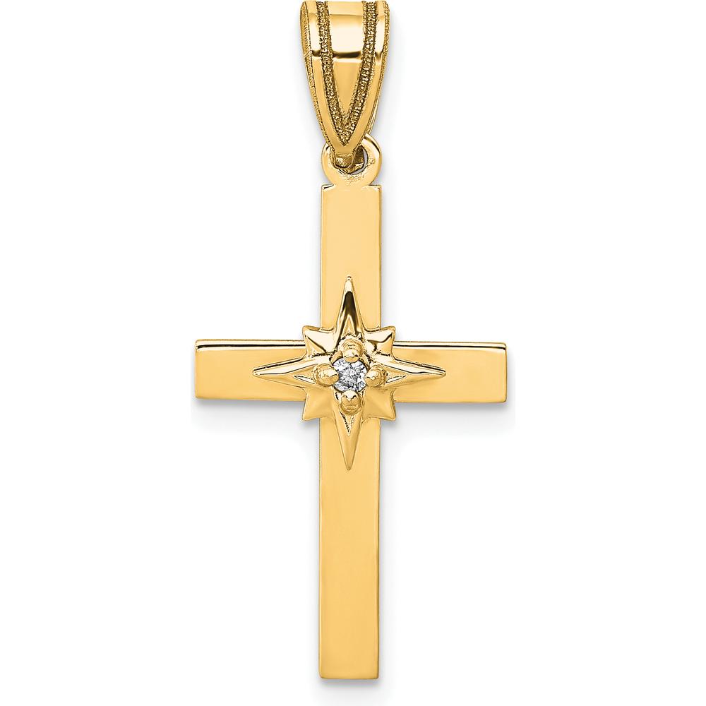 14K Yellow Gold Cross Pendant with Starburst Design and Round Diamond Accent - 0.01 Carat Total Diamond Weight by Oro Pregiato