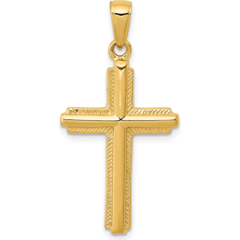 14K Yellow Gold Cross Pendant with Striped Border and Milgrain Detailing - 34mm x 17mm by Oro Pregiato
