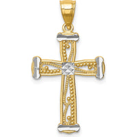 14K Yellow Gold Cross Pendant with White Rhodium Accents and Beaded Texture by Oro Pregiato