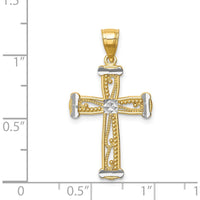 14K Yellow Gold Cross Pendant with White Rhodium Accents and Beaded Texture by Oro Pregiato