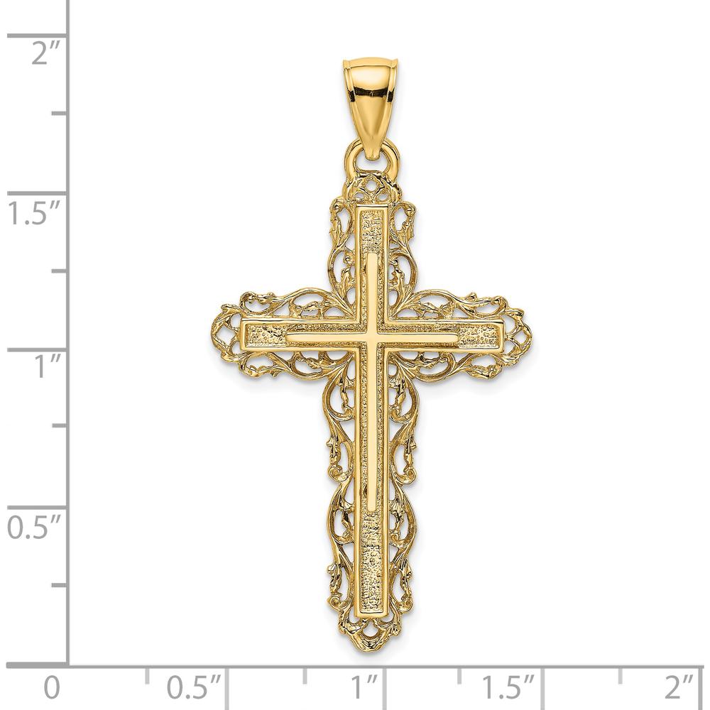 14K Yellow Gold Cross with Lace Trim Pendant - 35.22mm by Oro Pregiato