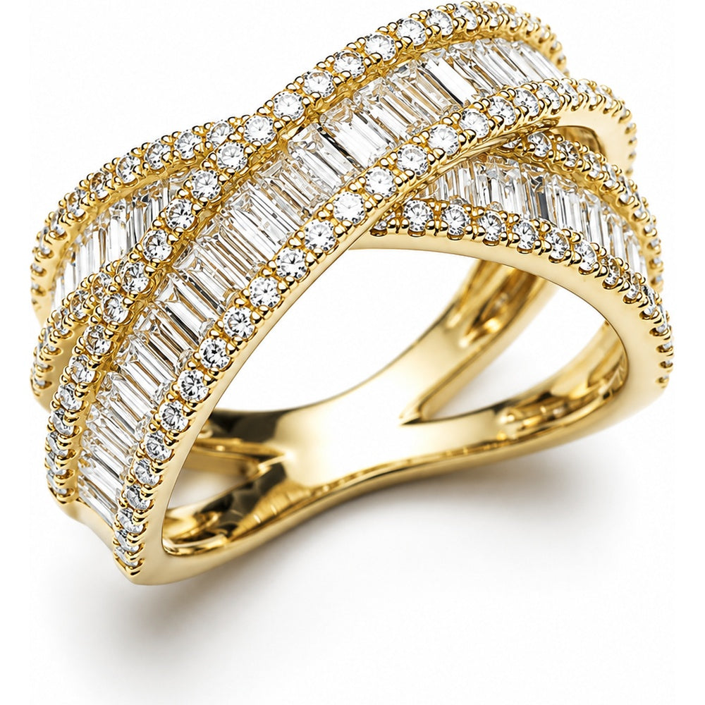 14K Yellow Gold Crossover Fashion Ring with Channel-Set Baguette and Milgrain Pave Round Diamonds - 2.55 Carat Total Diamond Weight by Auriventus