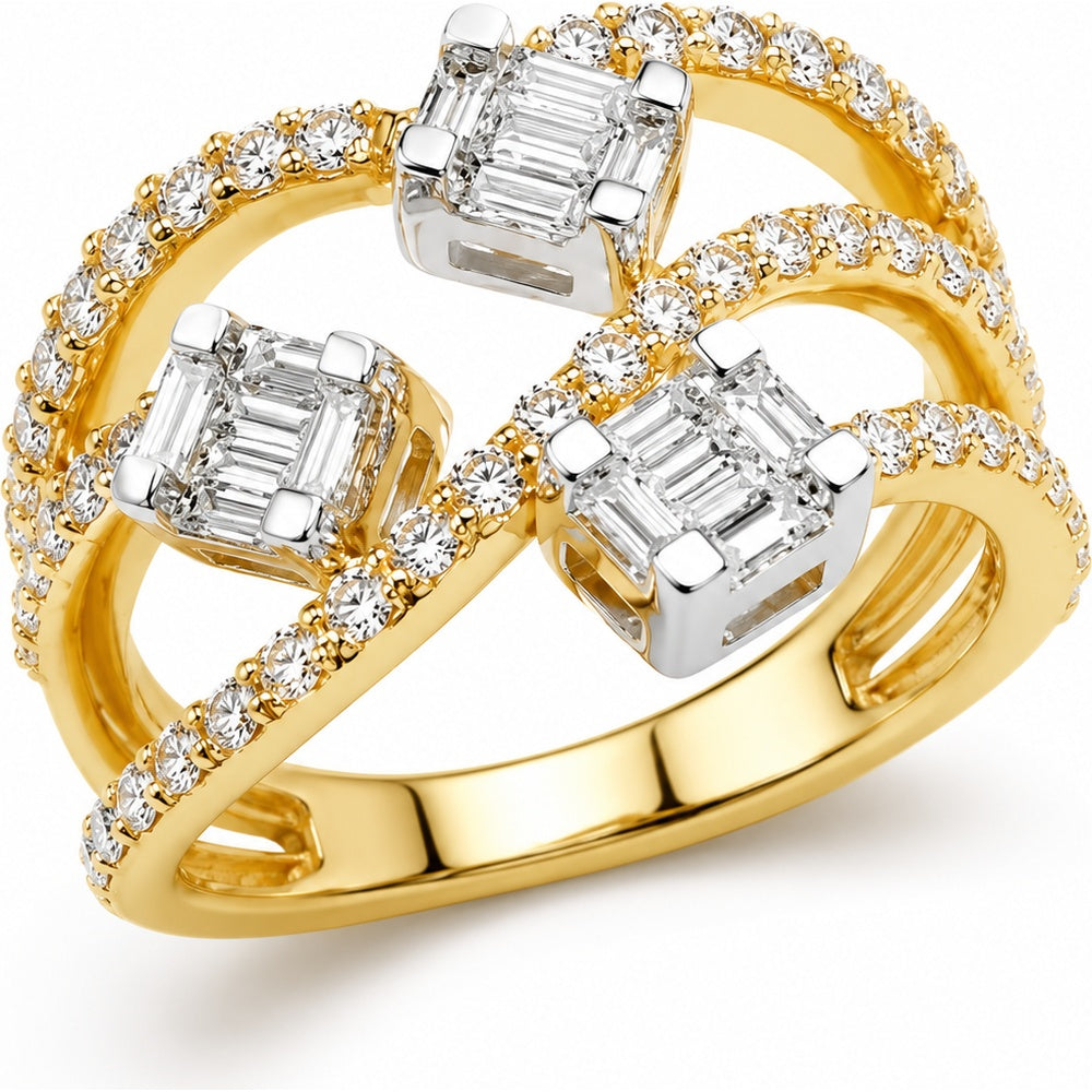 14K Yellow Gold Crossover Fashion Ring with Emerald Cut and Pavé Set Round Diamonds - 1.24 Carat Total Diamond Weight by Auriventus