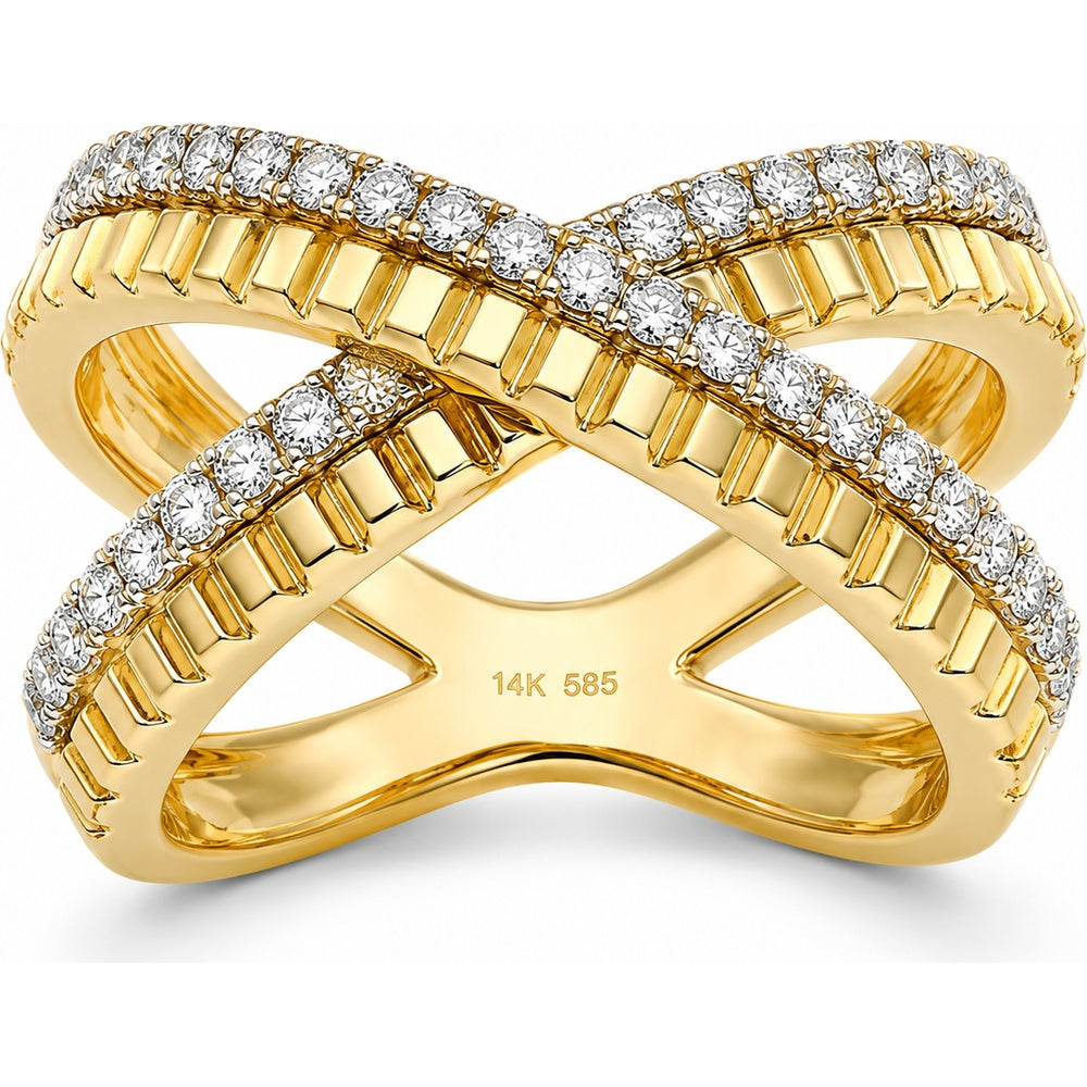 14K Yellow Gold Crossover Fashion Ring with Prong Set Round Diamonds - 0.78 Carat Total Diamond Weight by Auriventus