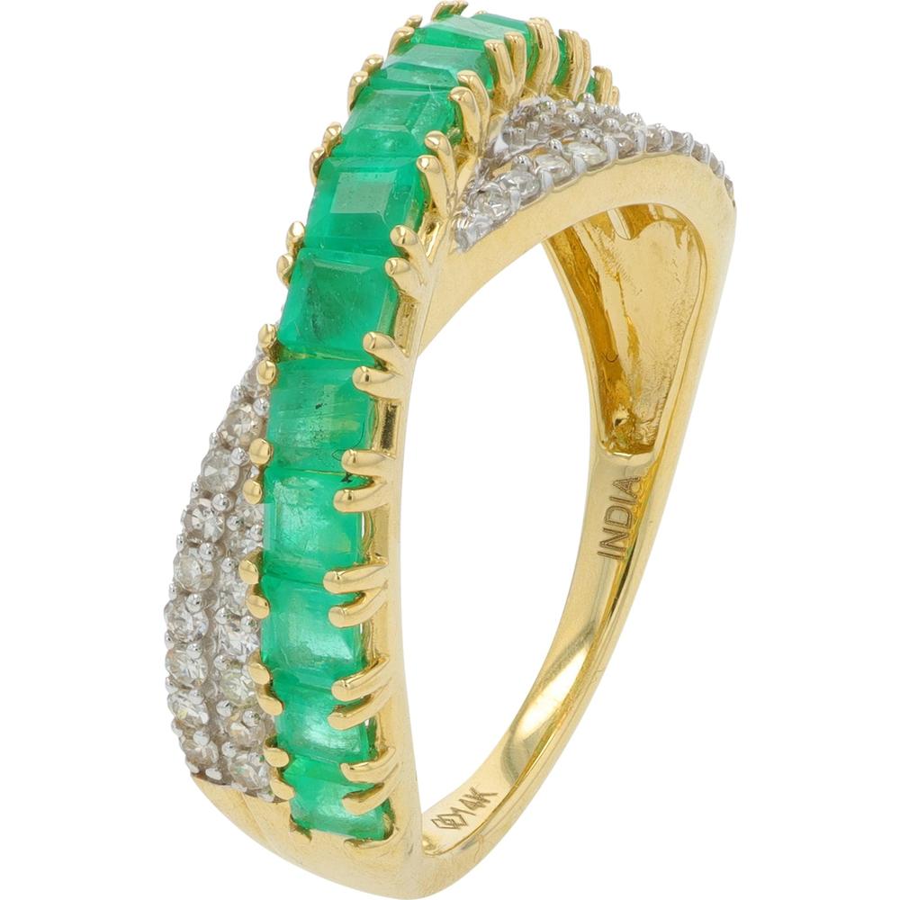 14K Yellow Gold Crossover Ring with 1.15 Carat Emeralds and 0.25 Carat Diamond Accents