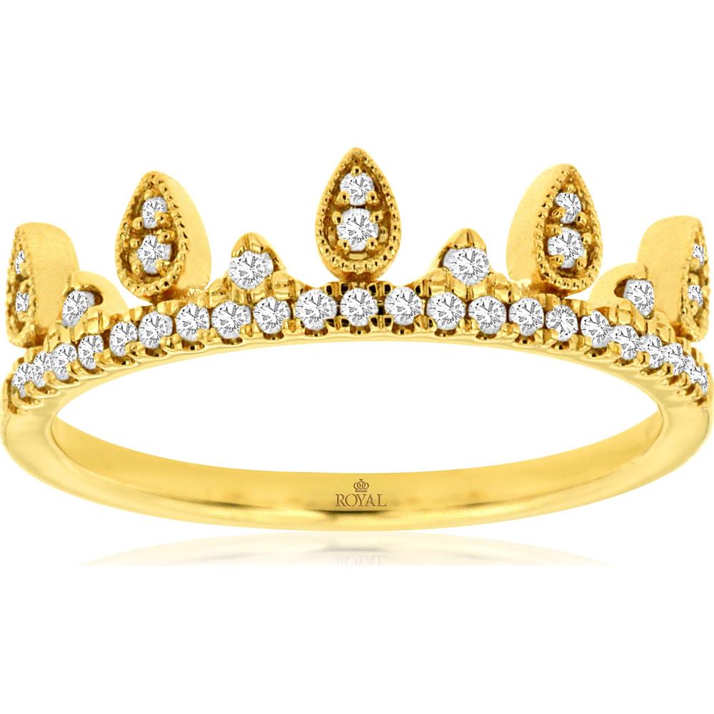 14K Yellow Gold Crown Diamond Wedding Band with Pear-Shaped Milgrain Frames and Round Cut Diamonds - 0.21 Carat Total Diamond Weight - Royal Jewelry