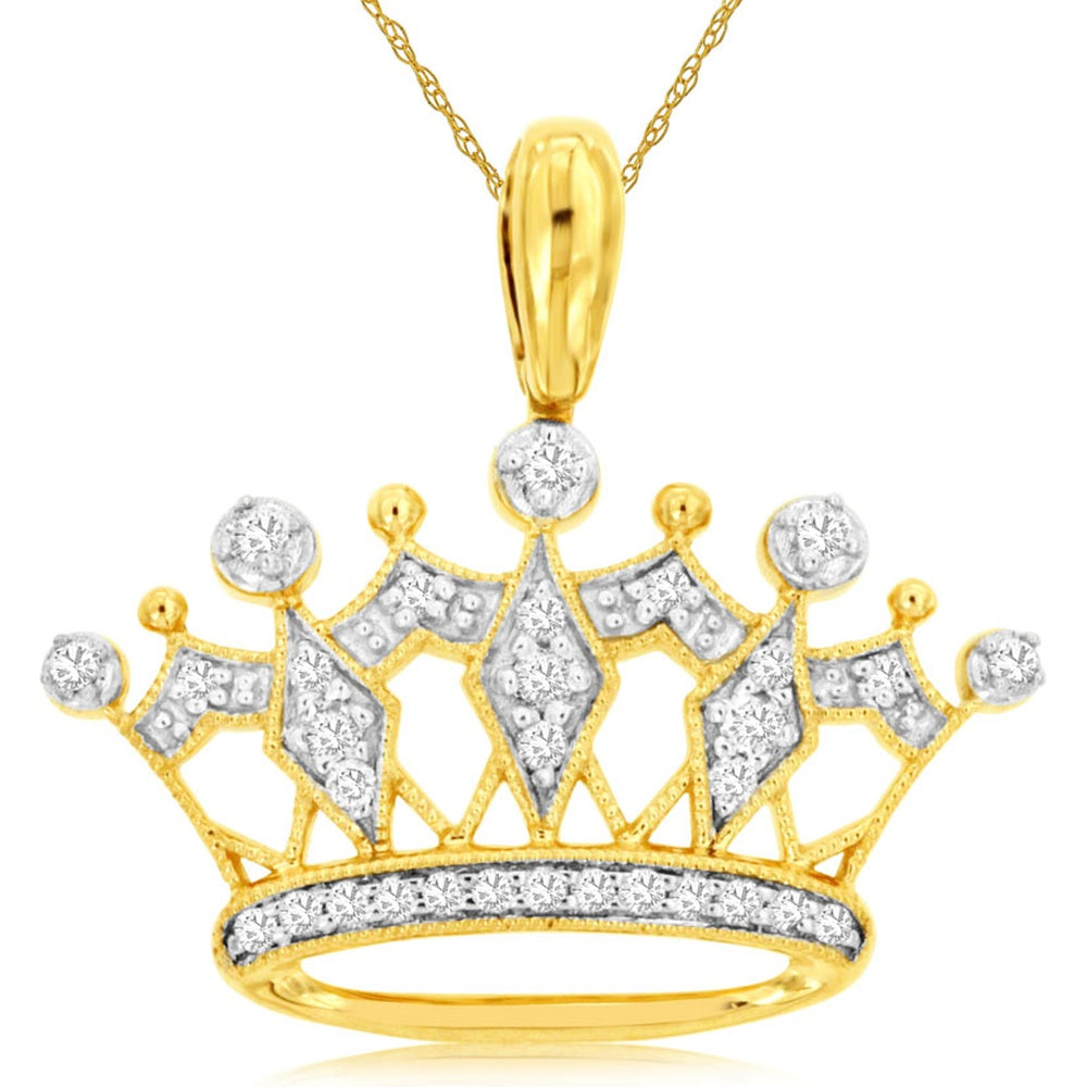 14K Yellow Gold Crown Pendant with Prong-Set Round Diamonds and Milgrain Detail - 0.13 Carat Total Diamond Weight - Royal Jewelry