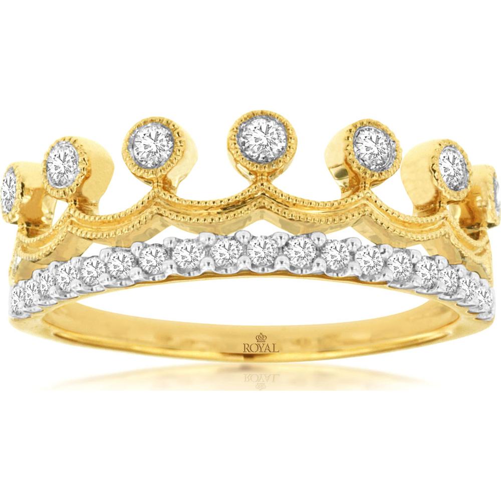 14K Yellow Gold Crown Ring with Bezel-Set Round Diamonds and Milgrain Detail - 0.33 Carat Total Diamond Weight - Royal Jewelry