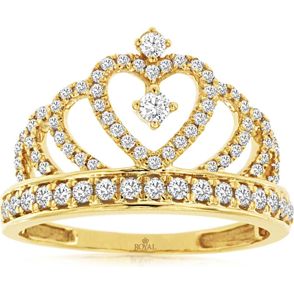 14K Yellow Gold Crown Ring with Heart Motif and Prong-Set Round Diamonds - 0.52 Carat Total Diamond Weight - Royal Jewelry