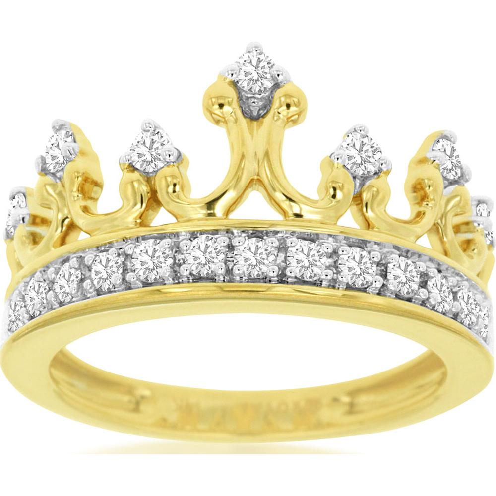 14K Yellow Gold Crown Ring with Sculptural Design and Round Diamond Accents - 0.50 Carat Total Diamond Weight - Royal Jewelry