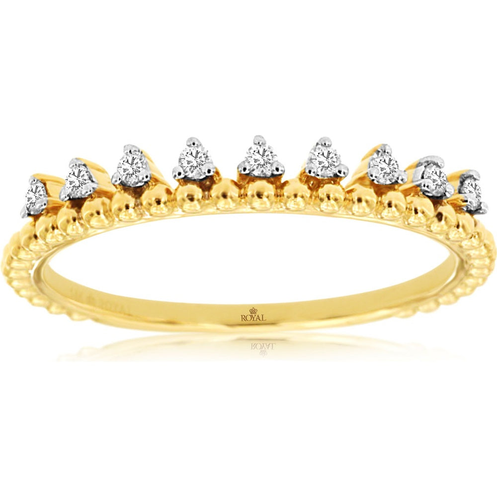 14K Yellow Gold Crown-Style Diamond Wedding Band with Milgrain Edge and Shared-Prong Round Diamonds - 0.10 Carat Total Diamond Weight - Royal Jewelry