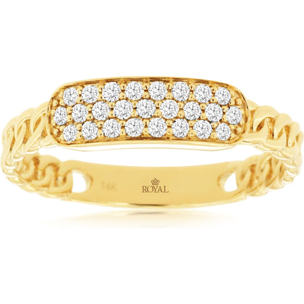 14K Yellow Gold Cuban Link Band Ring with Pavé Set Round Diamonds - 0.20 Carat Total Diamond Weight - Royal Jewelry