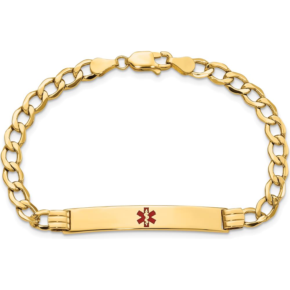 14K Yellow Gold Cuban Link Medical Alert Bracelet with Red Enamel Charm - 7" by Oro Pregiato