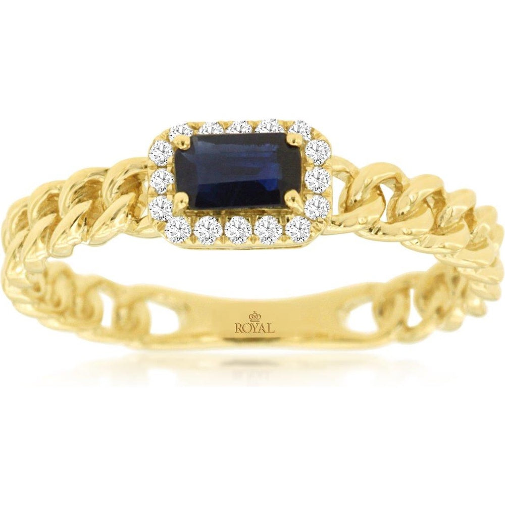 14K Yellow Gold Cuban Link Ring with Emerald-Cut Sapphire and Diamond Halo - 0.37 Carat Sapphire and 0.07 Carat Total Diamond Weight - Royal Jewelry