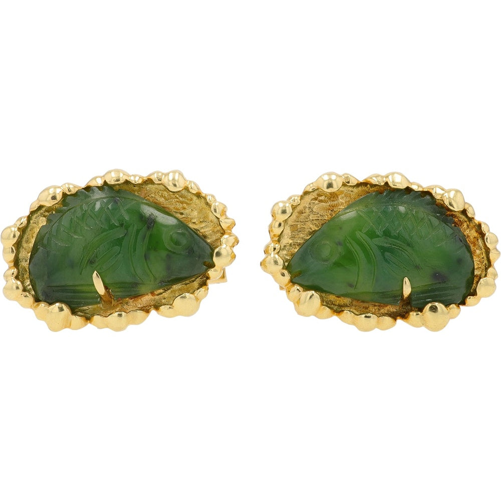 14K Yellow Gold Cufflinks with Carved Green Jade Fish Motif