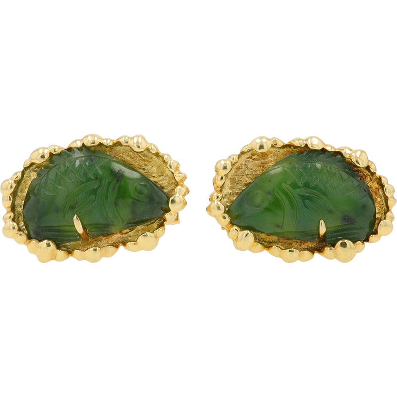 14K Yellow Gold Cufflinks with Carved Green Jade Fish Motif