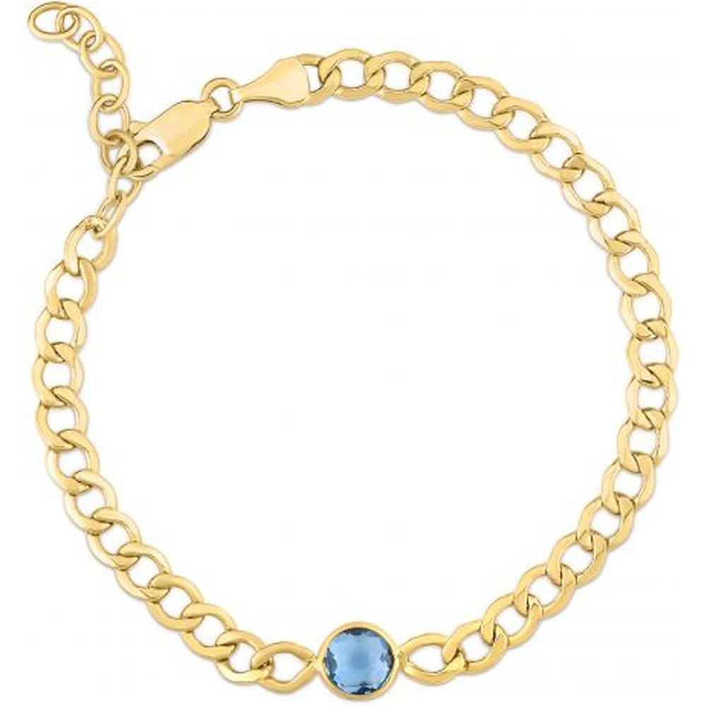 14K Yellow Gold Curb Chain Bracelet with 6mm Round Blue Topaz and Lobster Clasp - 7.25" by Orozza Fine Jewelry