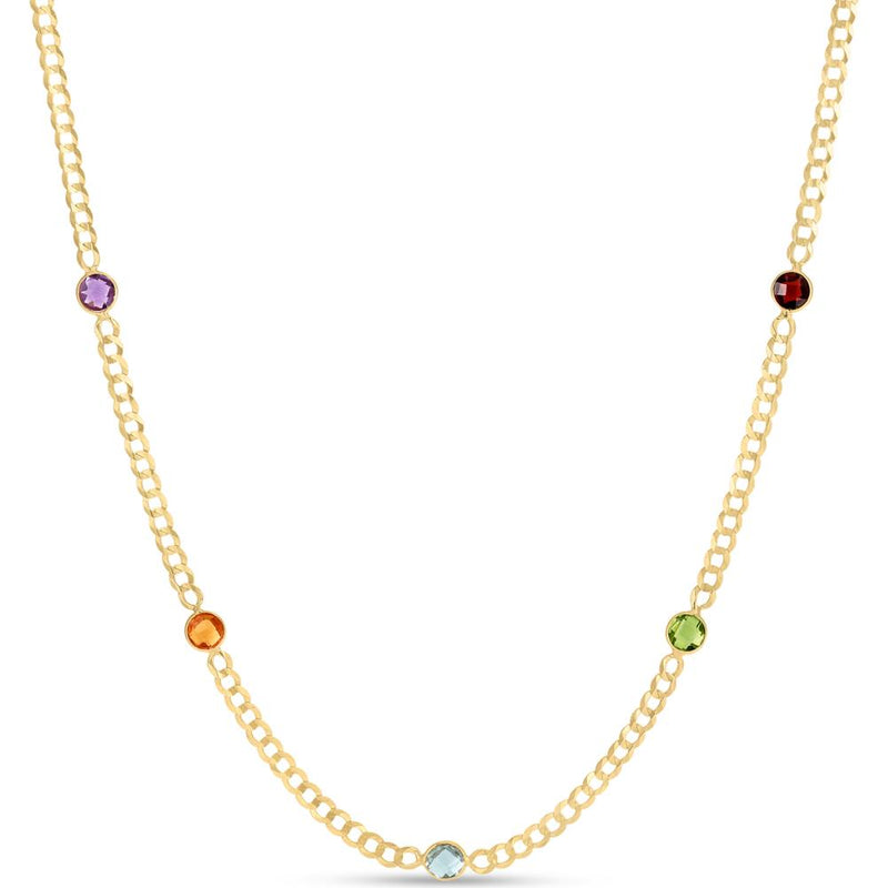 14K Yellow Gold Curb Chain Necklace with 4mm Briolette Amethyst, Citrine, Garnet, Peridot, and Blue Topaz Gemstones - 17" by Orozza Fine Jewelry