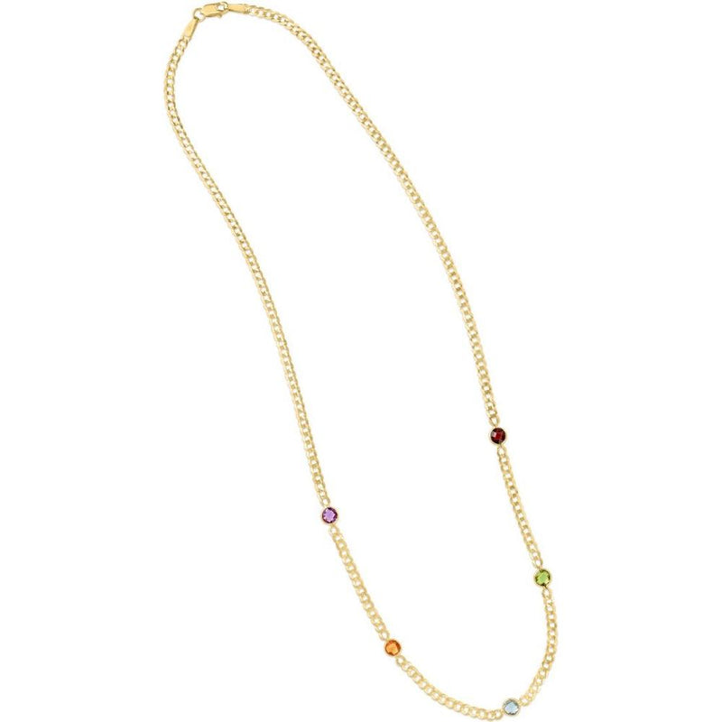 14K Yellow Gold Curb Chain Necklace with 4mm Briolette Amethyst, Citrine, Garnet, Peridot, and Blue Topaz Gemstones - 17" by Orozza Fine Jewelry