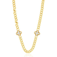 14K Yellow Gold Curb Chain Necklace with Diamond-Set Four Leaf Clover Motif Stations - 0.80 Carat Total Diamond Weight - Royal Jewelry