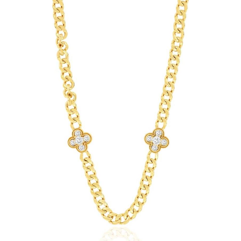 14K Yellow Gold Curb Chain Necklace with Diamond-Set Four Leaf Clover Motif Stations - 0.80 Carat Total Diamond Weight - Royal Jewelry
