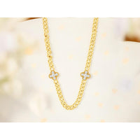 14K Yellow Gold Curb Chain Necklace with Diamond-Set Four Leaf Clover Motif Stations - 0.80 Carat Total Diamond Weight - Royal Jewelry