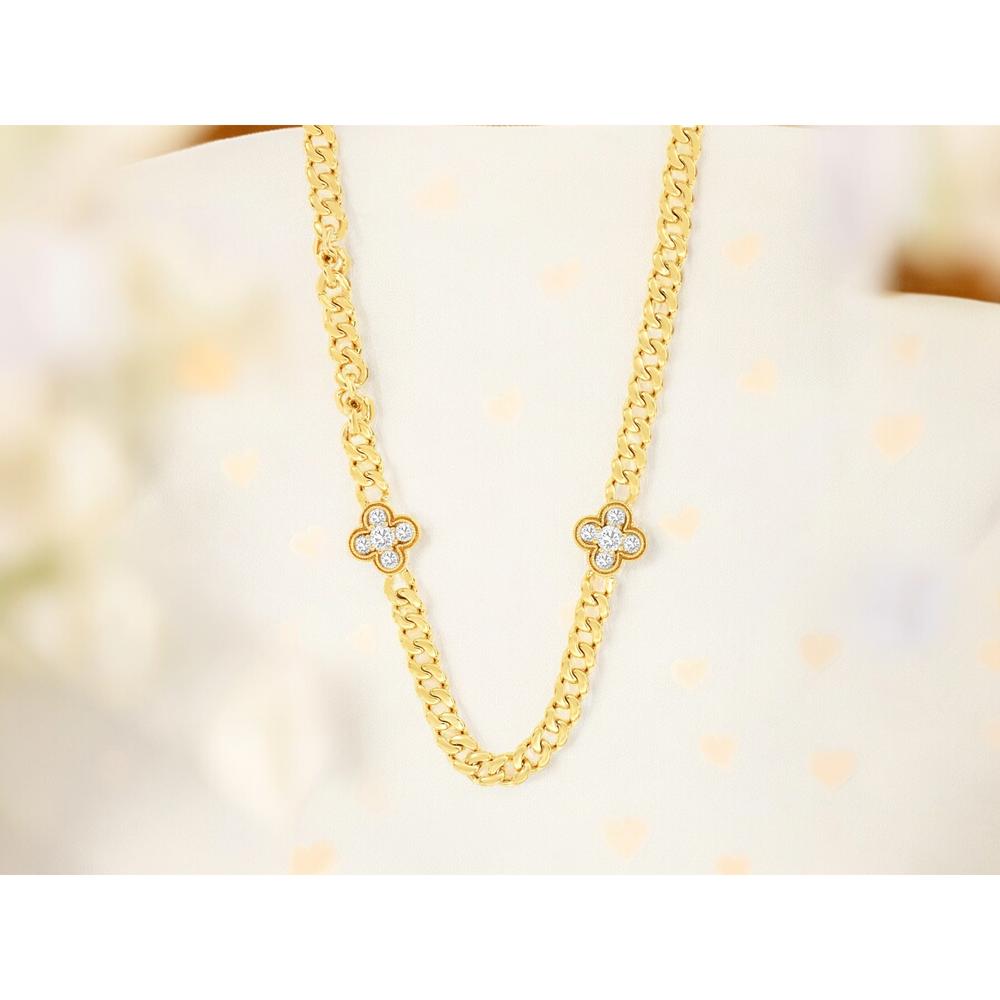 14K Yellow Gold Curb Chain Necklace with Diamond-Set Four Leaf Clover Motif Stations - 0.80 Carat Total Diamond Weight - Royal Jewelry