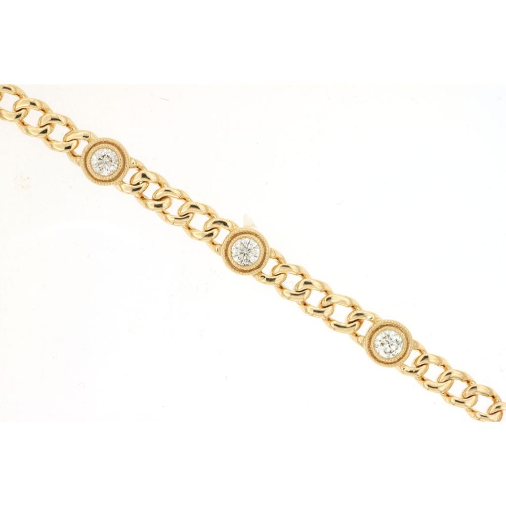 14K Yellow Gold Curb Link Bracelet with Three Bezel-Set Round Brilliant Diamonds - 0.75 Carat Total Diamond Weight - Royal Jewelry