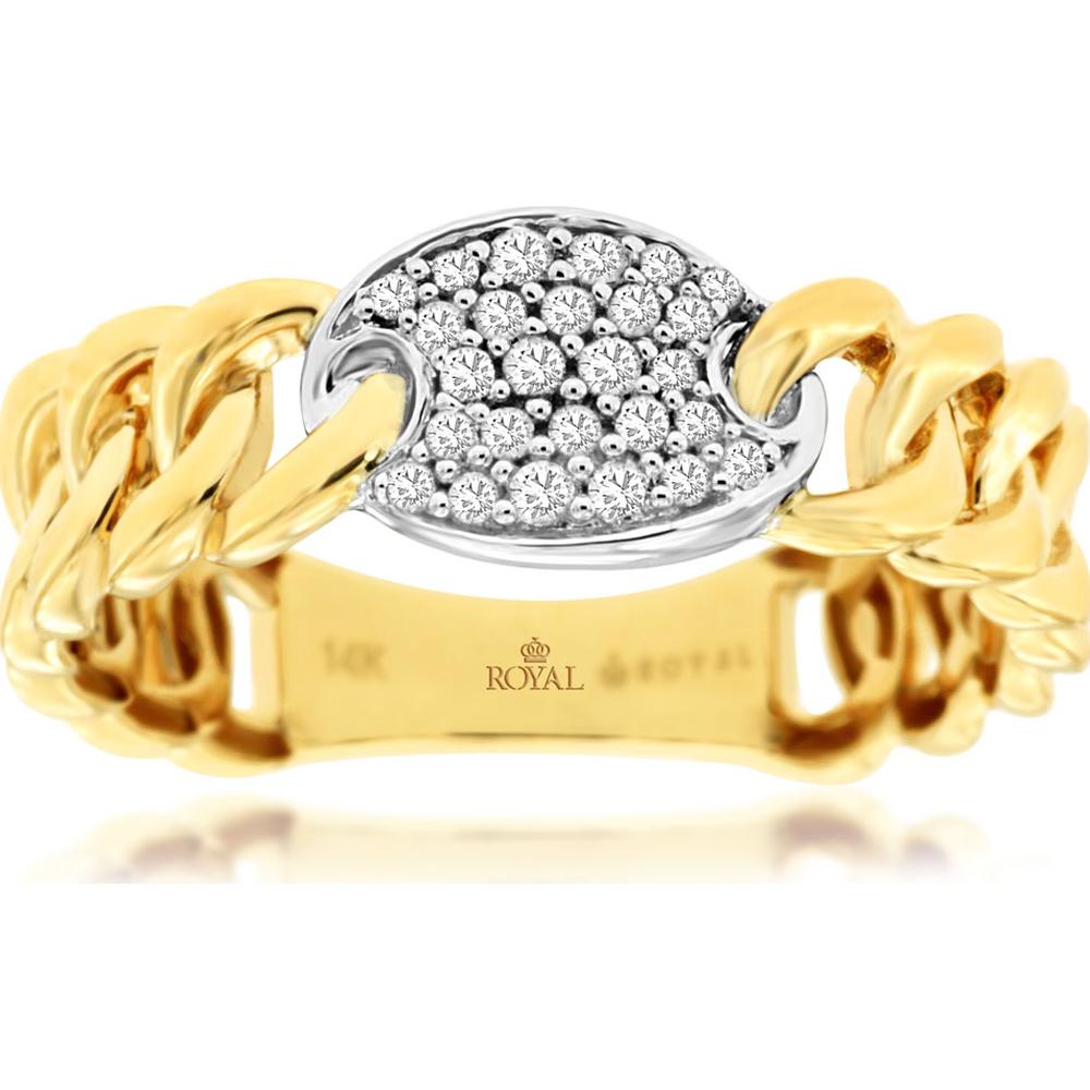 14K Yellow Gold Curb Link Ring with Pavé Set Round Diamond Cluster Center - 0.13 Carat Total Diamond Weight - Royal Jewelry