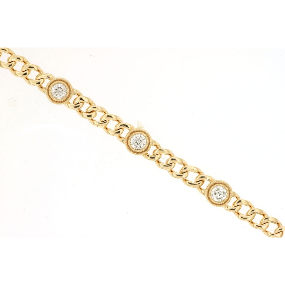14K Yellow Gold Curb Link Station Bracelet with Bezel Set Round Diamonds - 0.75 Carat Total Diamond Weight - Royal Jewelry