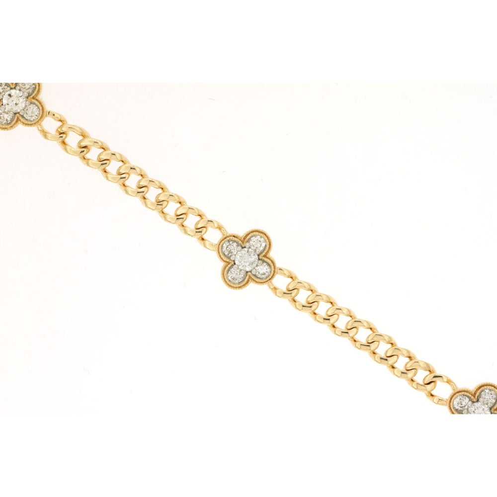 14K Yellow Gold Curb Link Station Bracelet with Pave Diamond Quatrefoil Motifs - 1.00 Carat Total Diamond Weight - Royal Jewelry