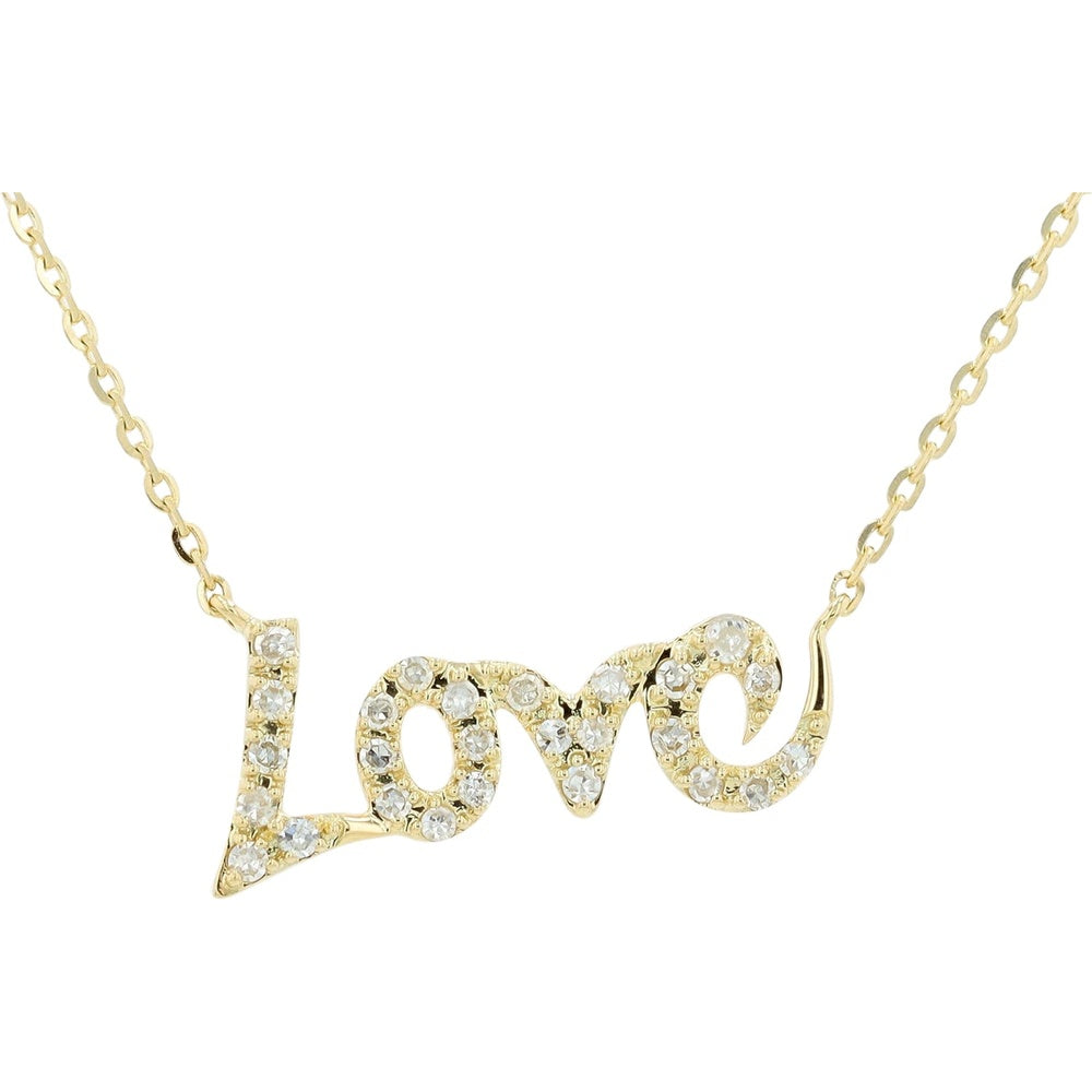 14K Yellow Gold Cursive 'Love' Pendant Necklace with Pave-Set Round Diamonds - 0.12 Carat Total Diamond Weight