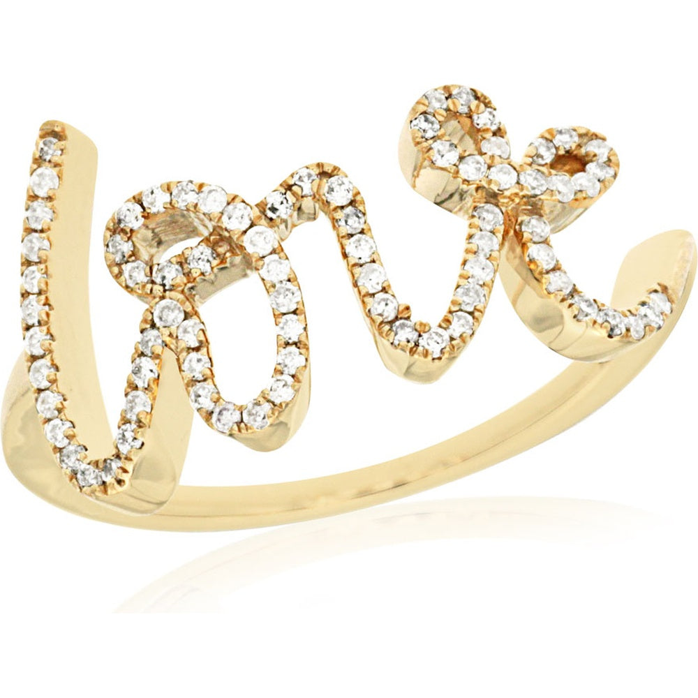 14K Yellow Gold Cursive Love Script Ring with Pavé-Set Round Diamonds - 0.22 Carat Total Diamond Weight - Royal Jewelry
