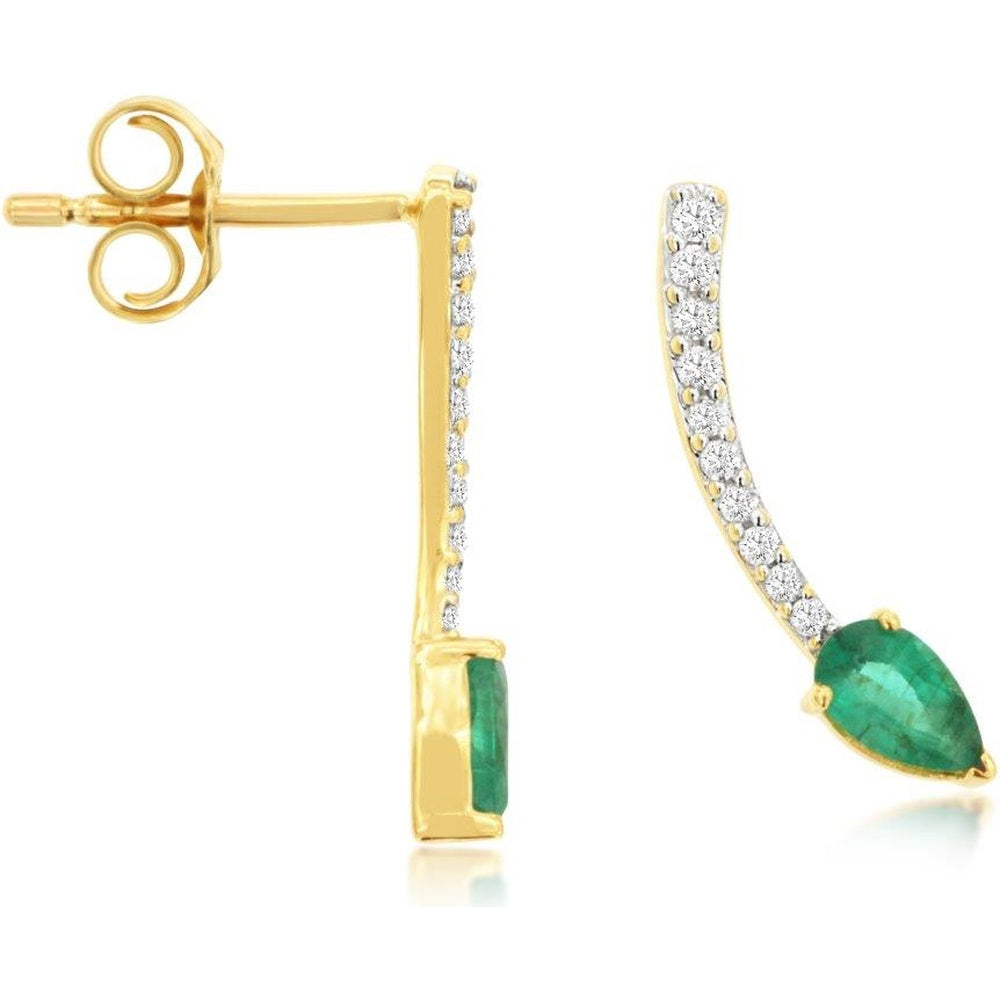 14K Yellow Gold Curved Bar Drop Earrings with Pear-Cut Emeralds and Pavé-Set Round Diamonds - 0.42 Carat Total Emerald Weight and 0.11 Carat Total Diamond Weight - Royal Jewelry