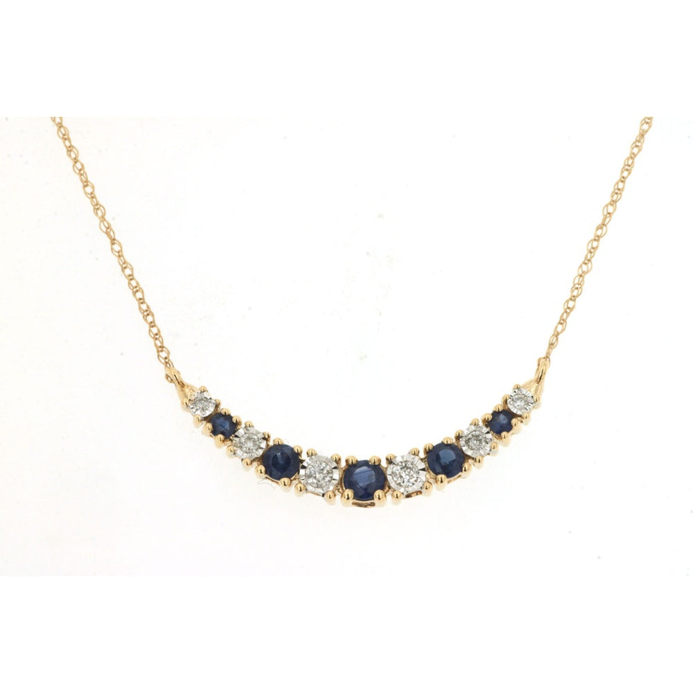 14K Yellow Gold Curved Bar Necklace with Alternating Round Sapphires and Diamonds - 0.40 Carat Total Sapphire Weight and 0.10 Carat Total Diamond Weight - Royal Jewelry