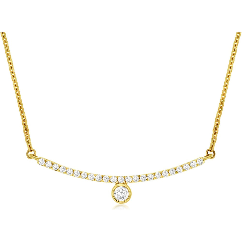 14K Yellow Gold Curved Bar Necklace with Bezel-Set Round Diamond and Pavé Accents - 0.20 Carat Total Diamond Weight - Royal Jewelry