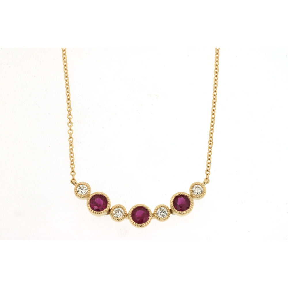 14K Yellow Gold Curved Bar Necklace with Bezel-Set Round Rubies and Milgrain-Edge Diamonds - 0.36 Carat Total Ruby Weight & 0.10 Carat Total Diamond Weight - Royal Jewelry