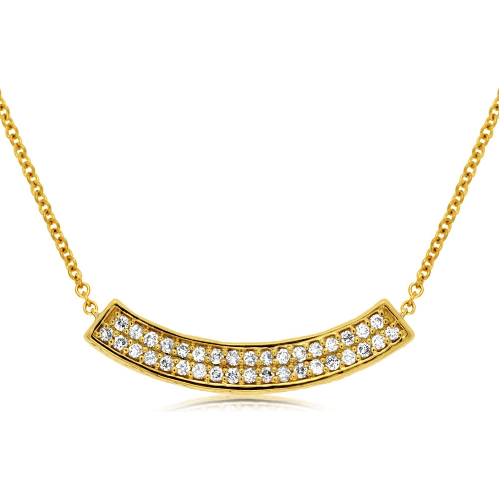 14K Yellow Gold Curved Bar Necklace with Double Row Bead-Set Round Diamonds - 0.23 Carat Total Diamond Weight - Royal Jewelry