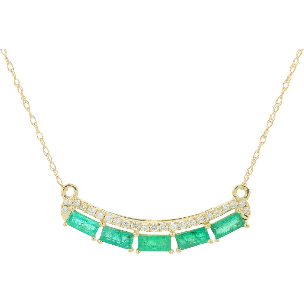 14K Yellow Gold Curved Bar Necklace with Rectangular Emeralds and Round Diamond Accents - 0.65 Carat to 0.75 Carat Total Emerald Weight