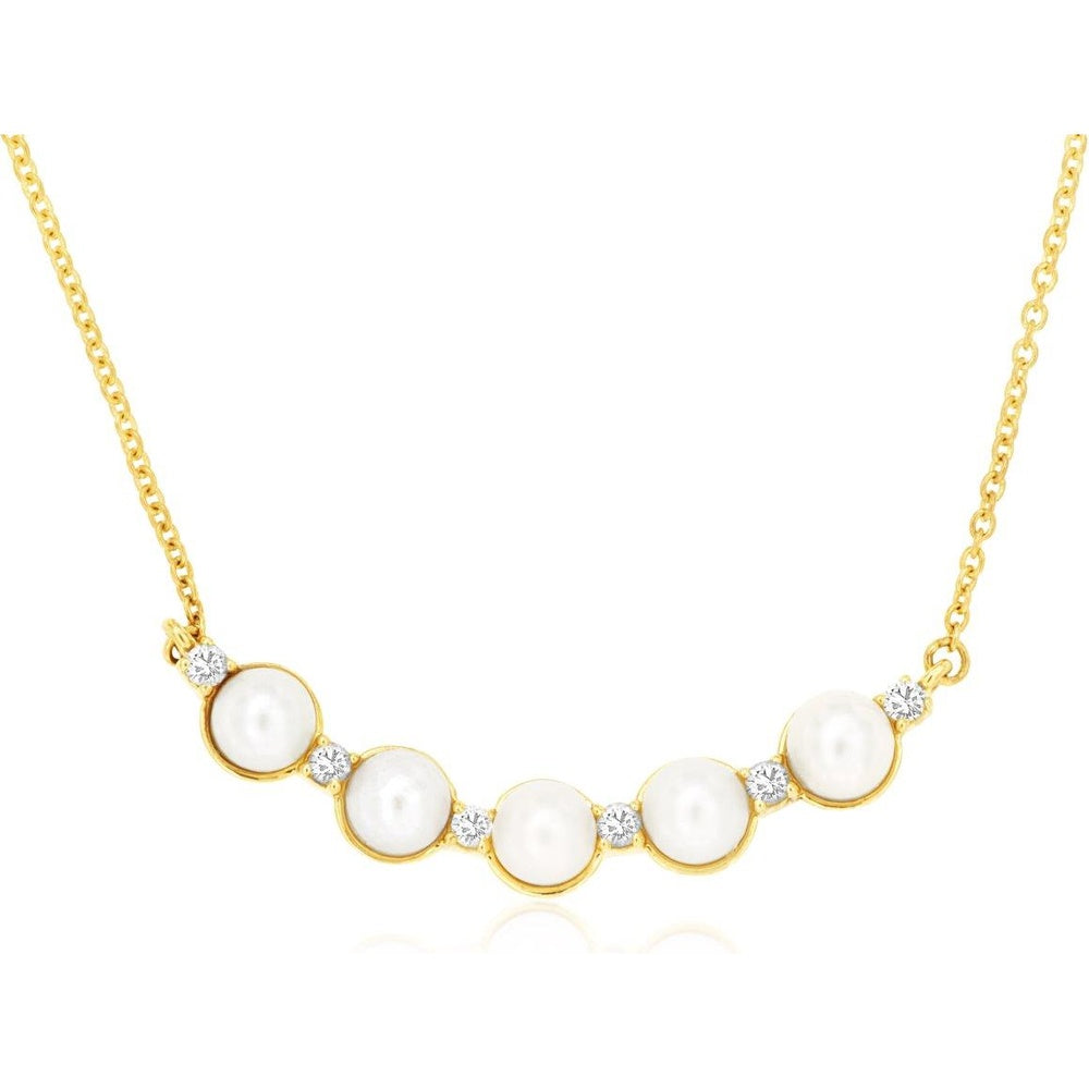 14K Yellow Gold Curved Bar Necklace with Round Pearls and Prong-Set Diamond Accents - 0.10 Carat Total Diamond Weight - Royal Jewelry