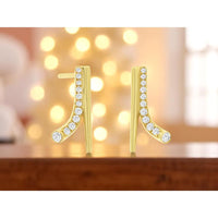14K Yellow Gold Curved Bar Stud Earrings with Round Diamonds - 0.18 Carat Total Diamond Weight - Royal Jewelry