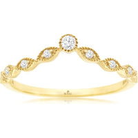 14K Yellow Gold Curved Contour Wedding Band with Milgrain-Edge Round Diamonds - 0.10 Carat Total Diamond Weight - Royal Jewelry